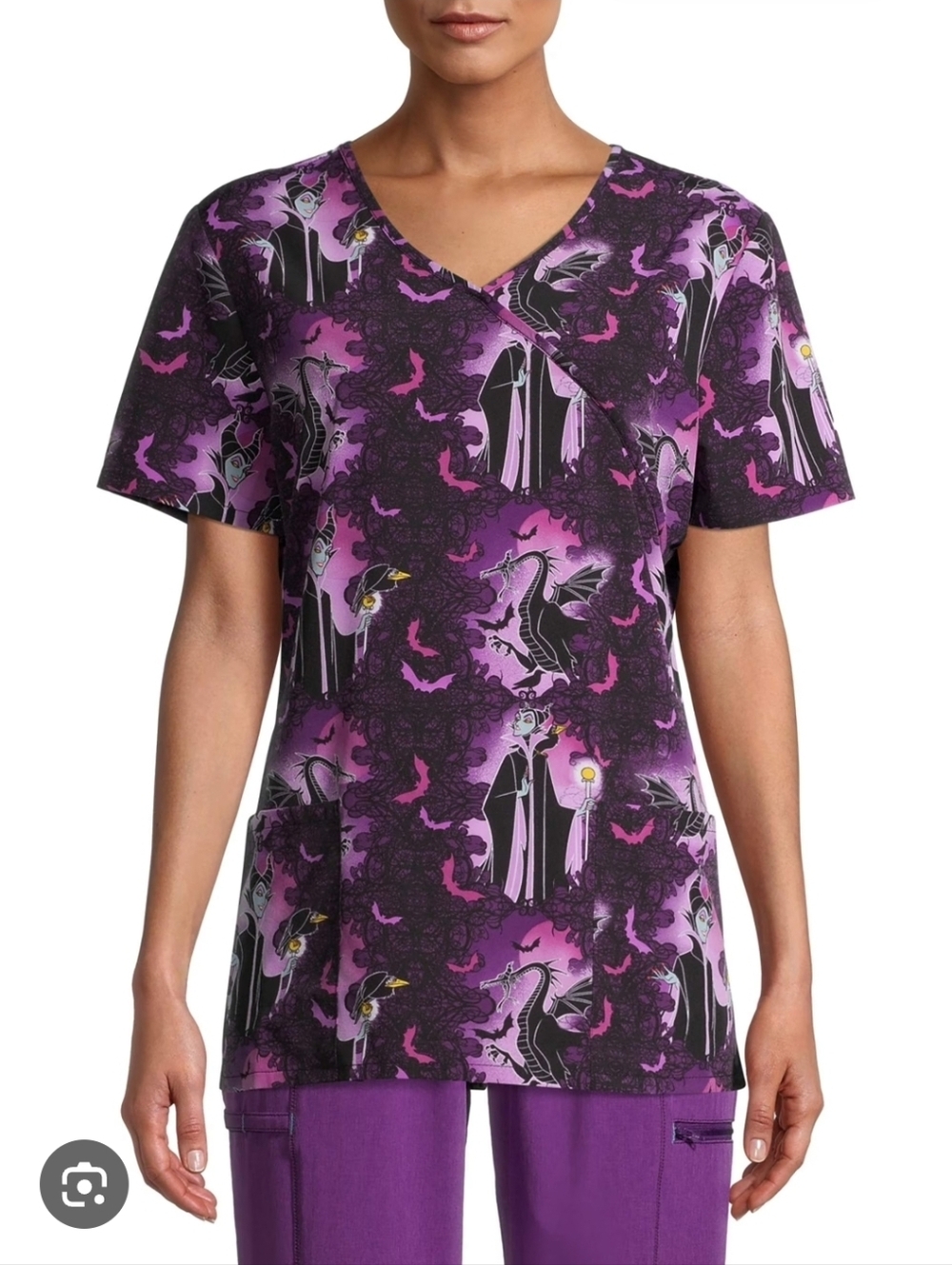 Scrubstar Disney "Maleficent Night" Women's Mock Wrap Print Scrub Top Size Large
